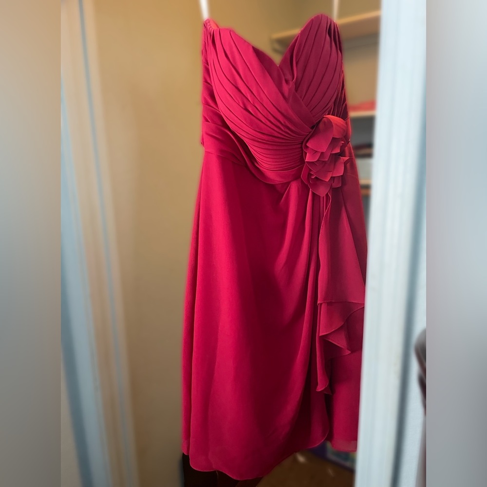 Red strapless Azazie bridesmaid dress